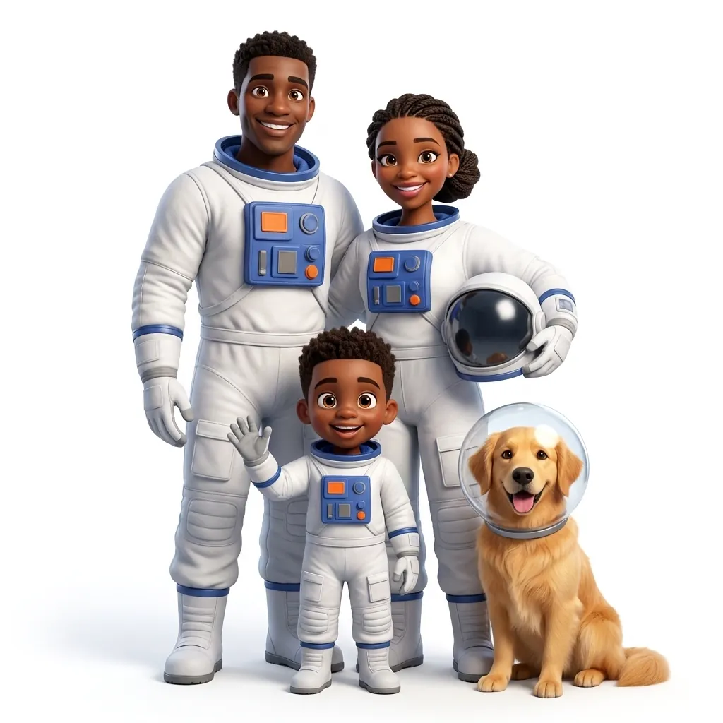 Family illustrated as astronauts with their dog