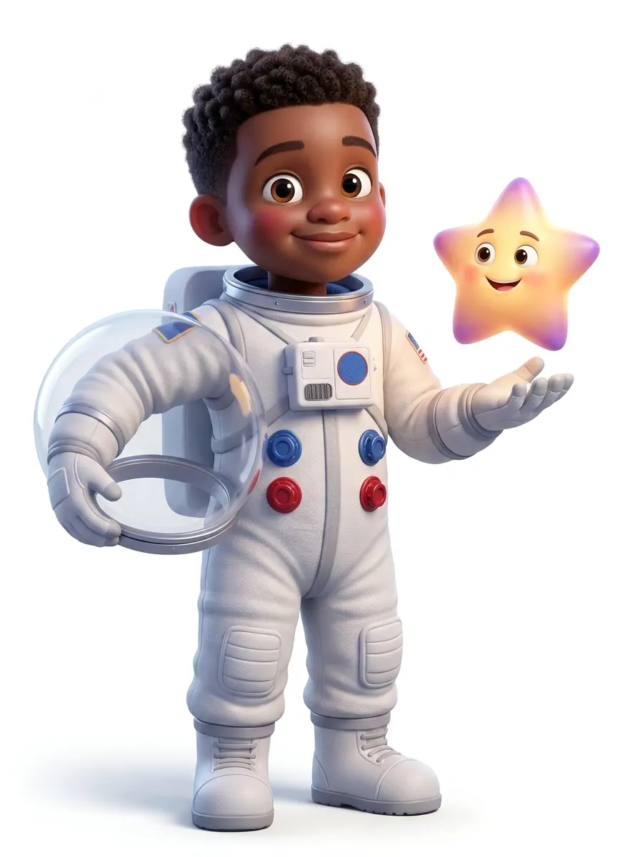 Child dressed as an astronaut holding the Story Star