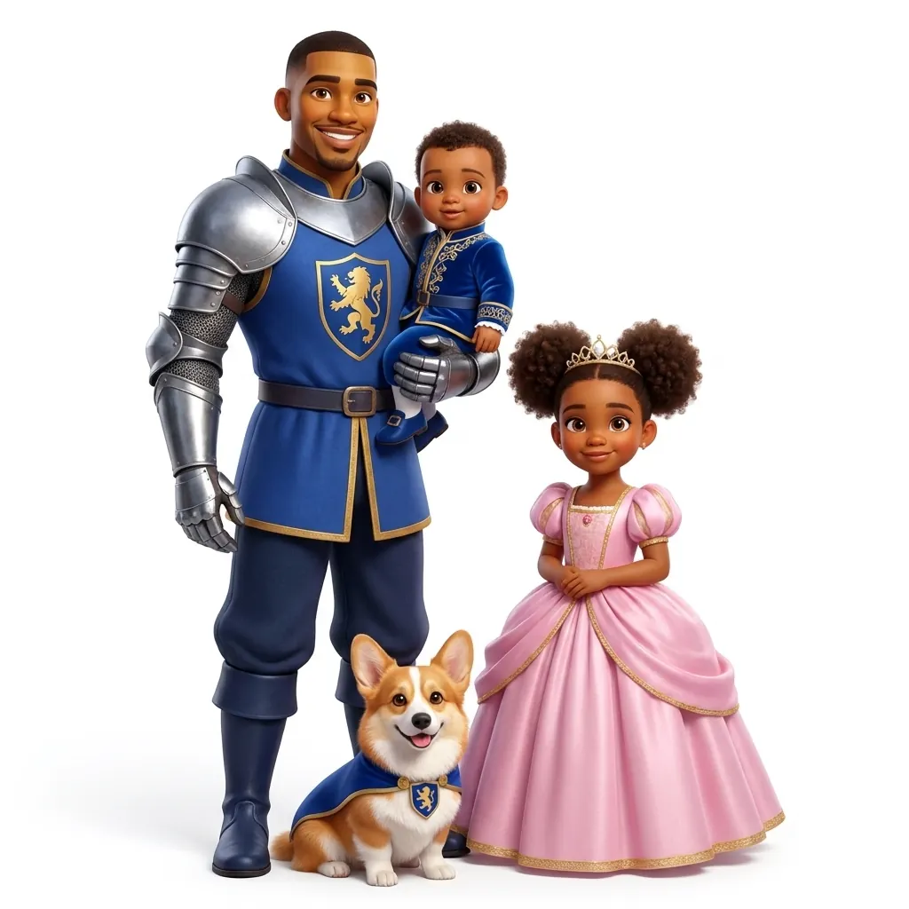 Family illustrated as royalty with their corgi