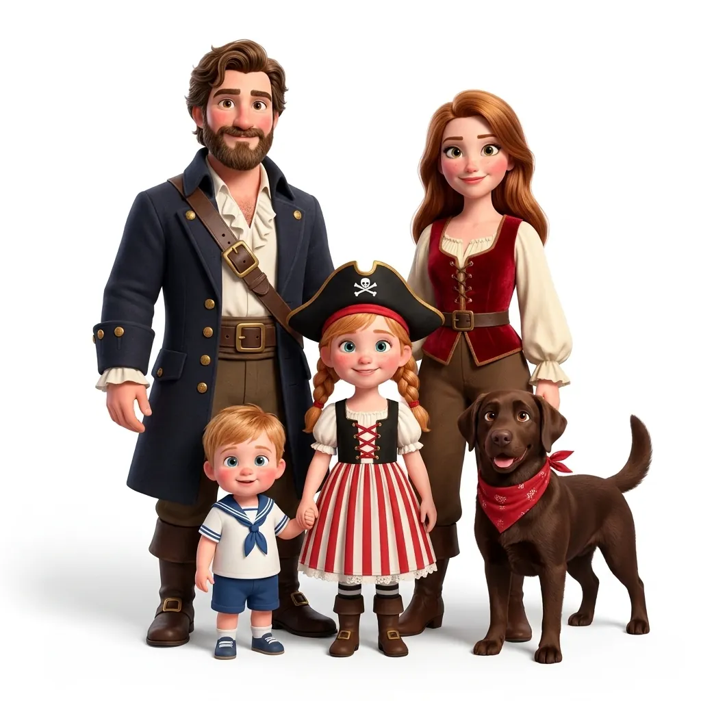 Family illustrated as pirates with their dog