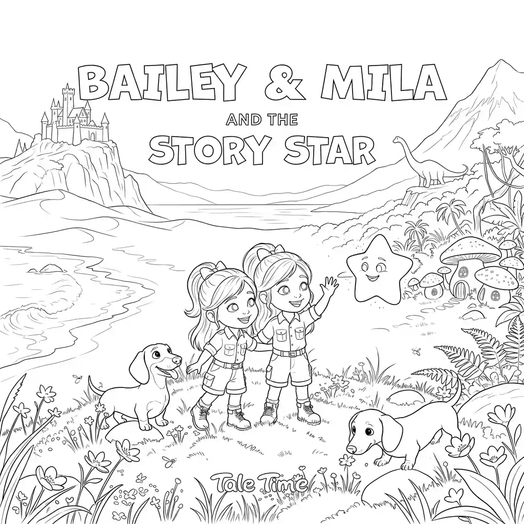A black and white line art colouring page cover showing two children with their dogs waving to a friendly star, titled Bailey and Mila and the Story Star