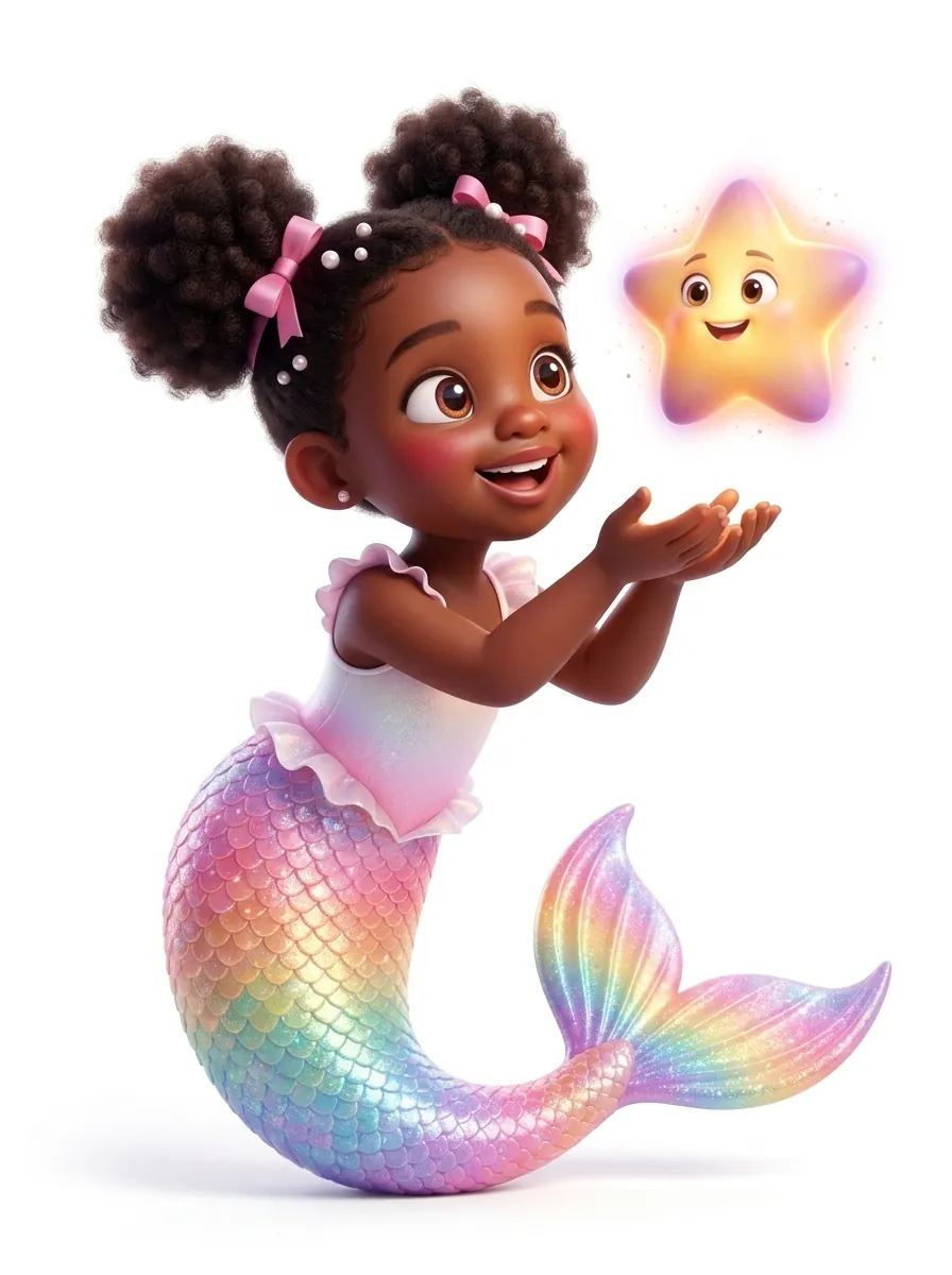 Child dressed as a mermaid reaching for the Story Star