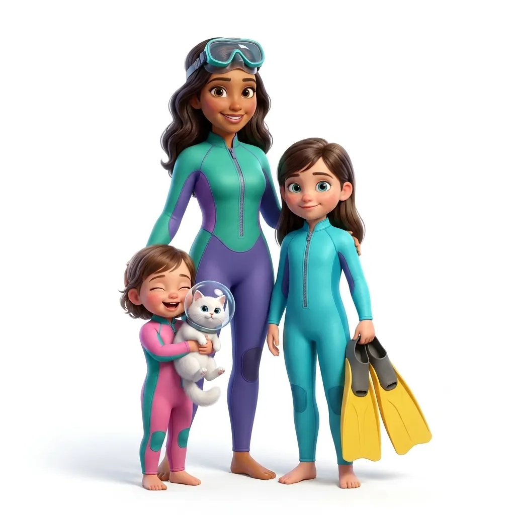 Family illustrated as scuba divers with their cat