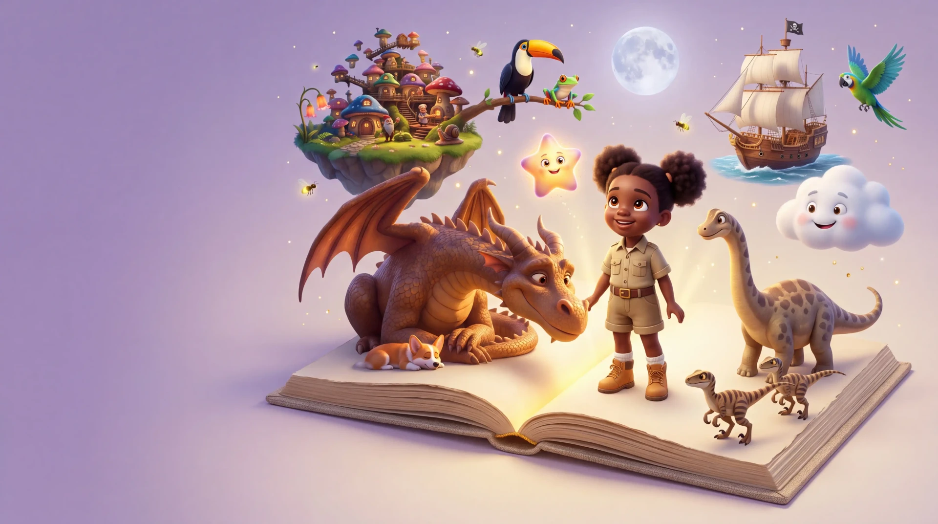A Pixar-style child in safari gear standing on a giant open storybook with a dragon, dinosaurs and magical worlds floating above