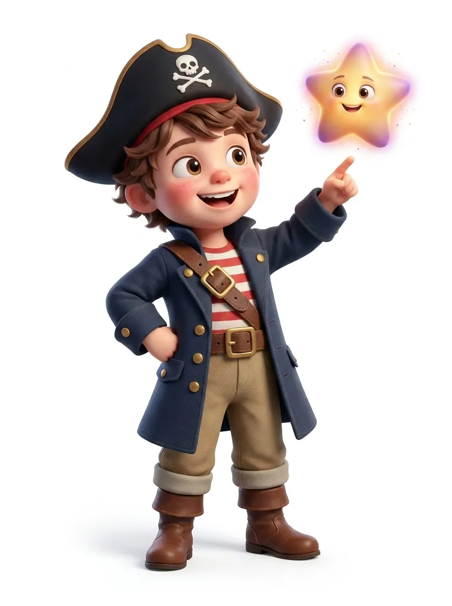 Child dressed as a pirate pointing at the Story Star