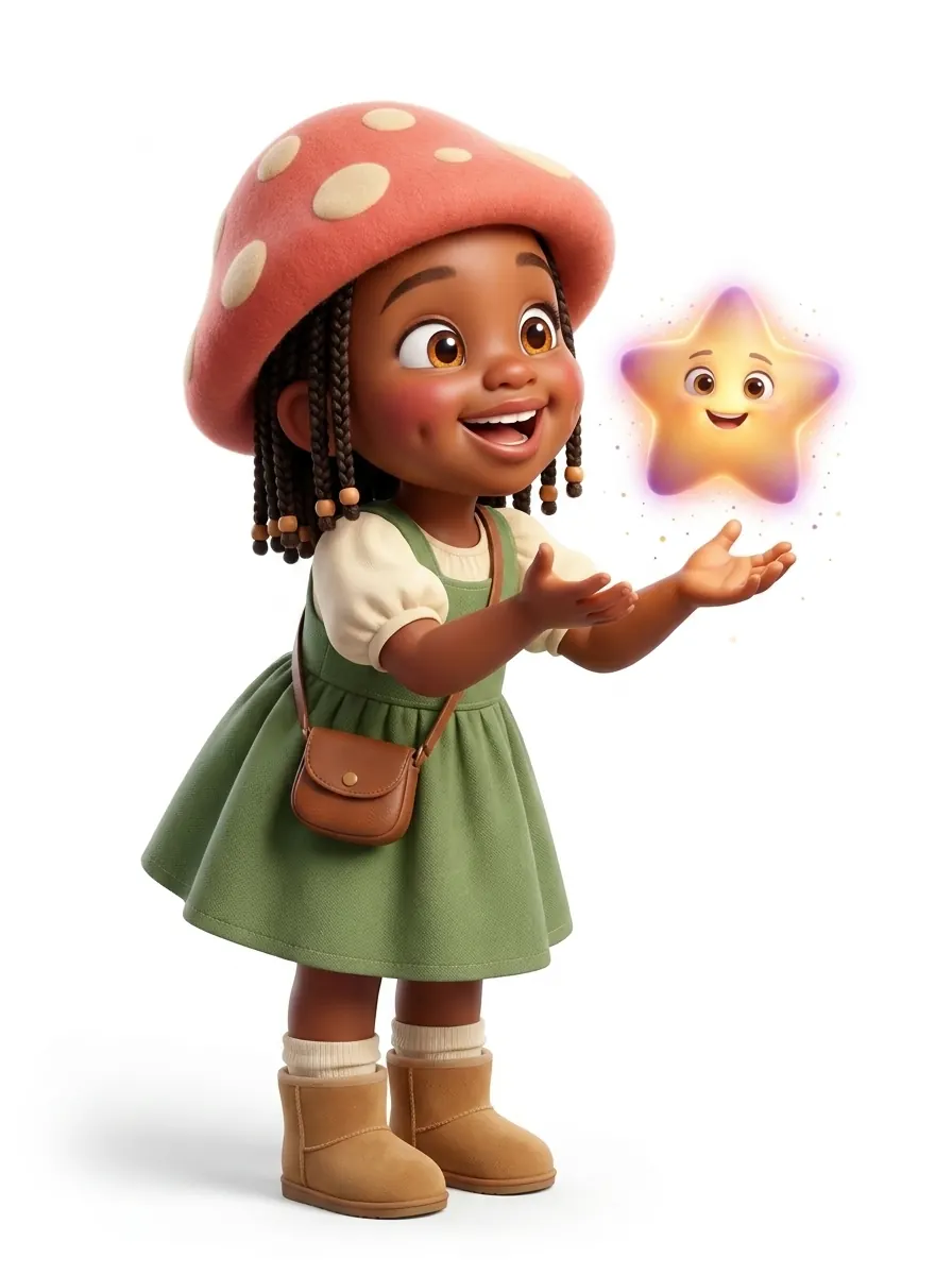 Child dressed for the mushroom village holding the Story Star