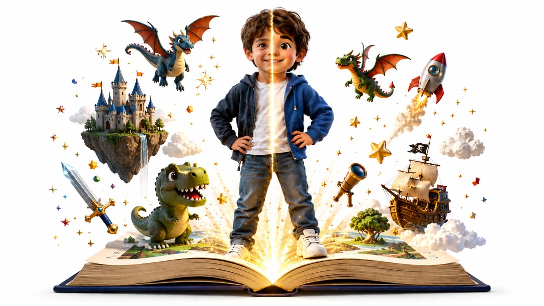 A Pixar-style child sitting on a giant glowing storybook with sparkles, butterflies and a small rainbow bursting from the pages