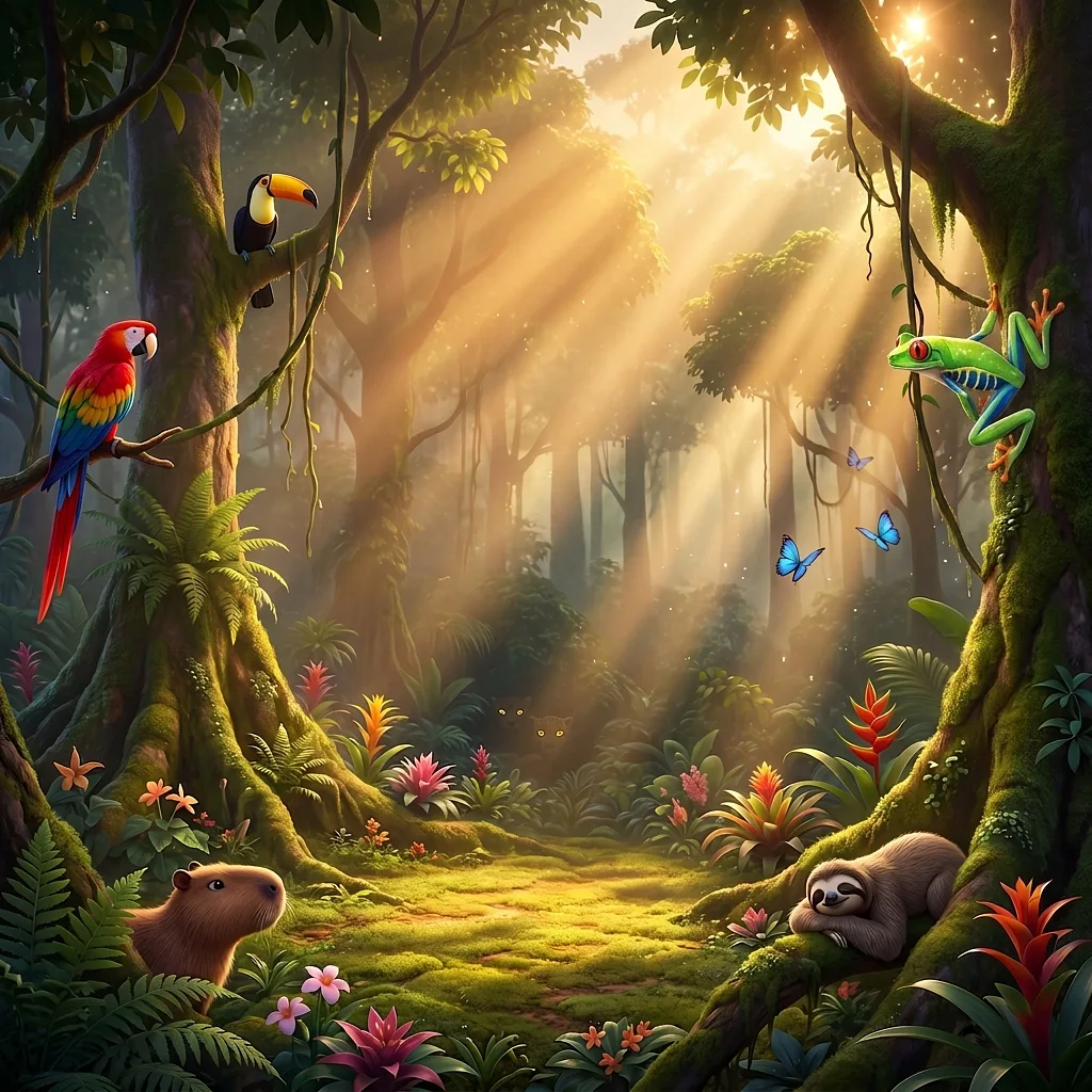 A child in safari gear exploring a sunlit rainforest with a toucan and a tree frog
