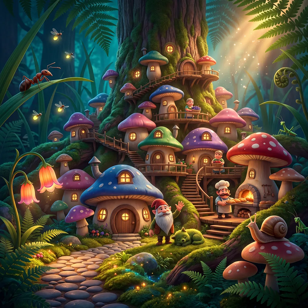 A child shrunk small enough to walk through a village of glowing mushroom houses