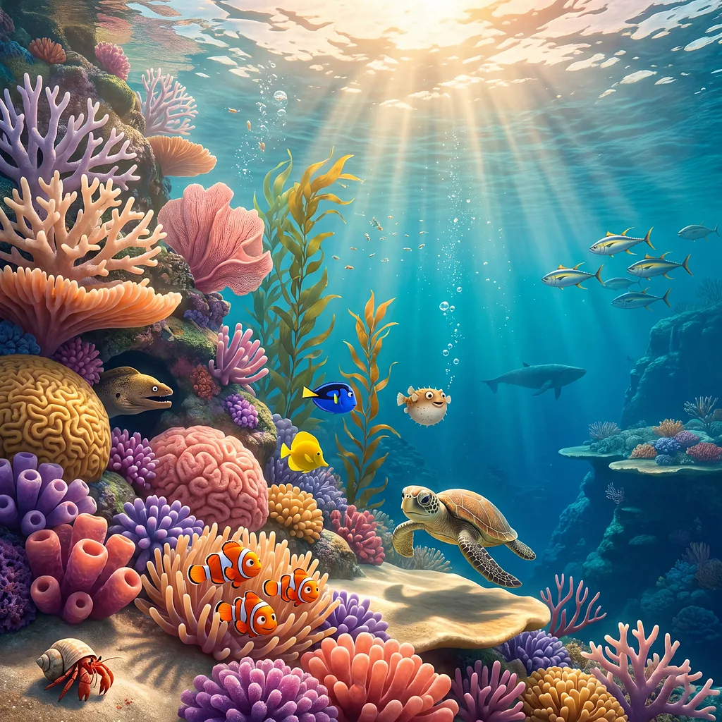 A child in scuba gear swimming through a bright coral reef