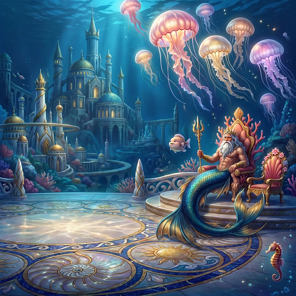 A child with a mermaid tail in the sunken city of Atlantis