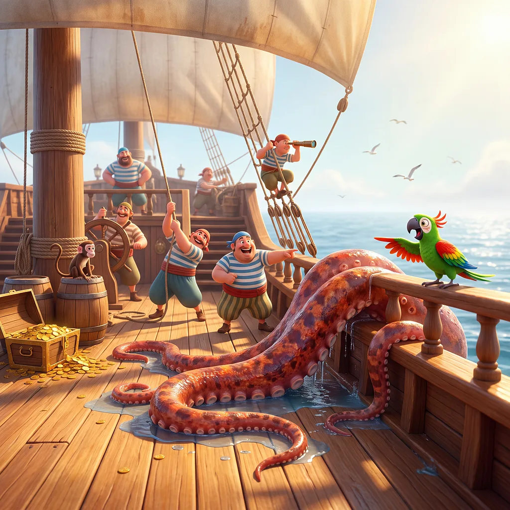 A child dressed as a pirate at the wheel of a tall ship at sea