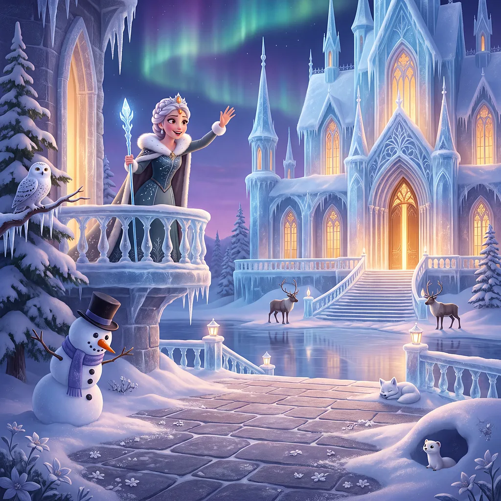 A child crowned in ice at the gates of a frozen winter castle