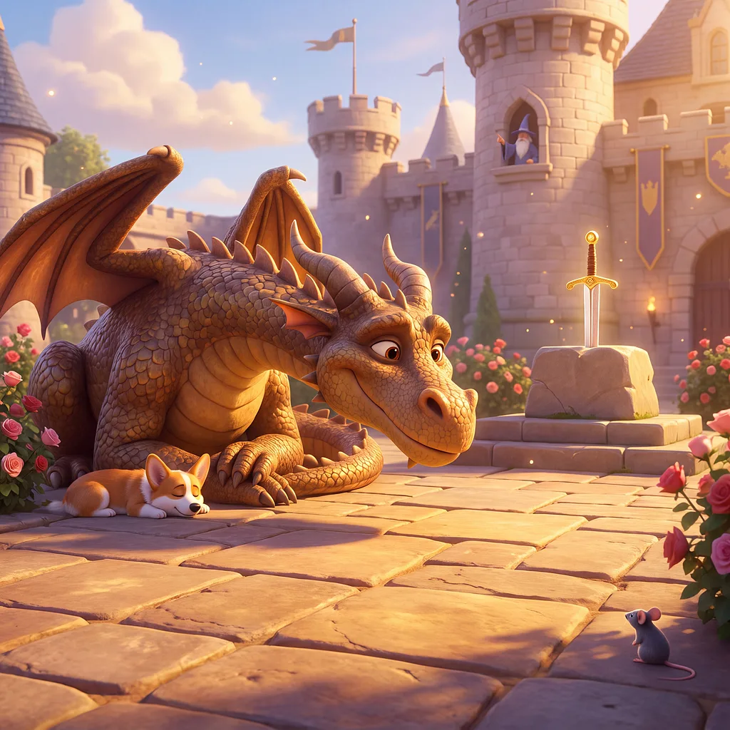 A child as a knight and a princess in a castle courtyard with a friendly dragon