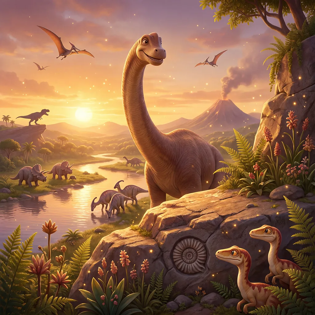 A child walking beside dinosaurs in a prehistoric valley