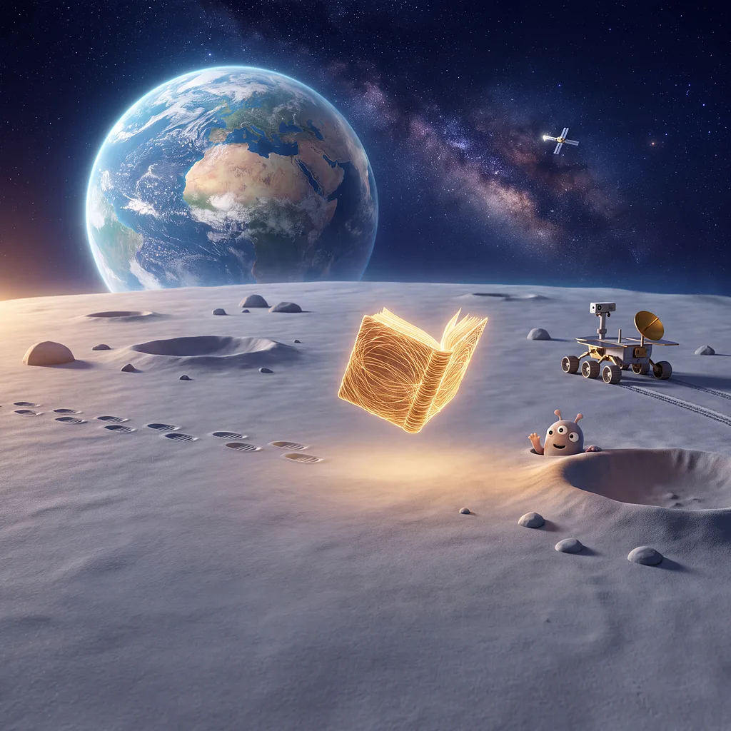 A child in a spacesuit standing on the surface of the Moon